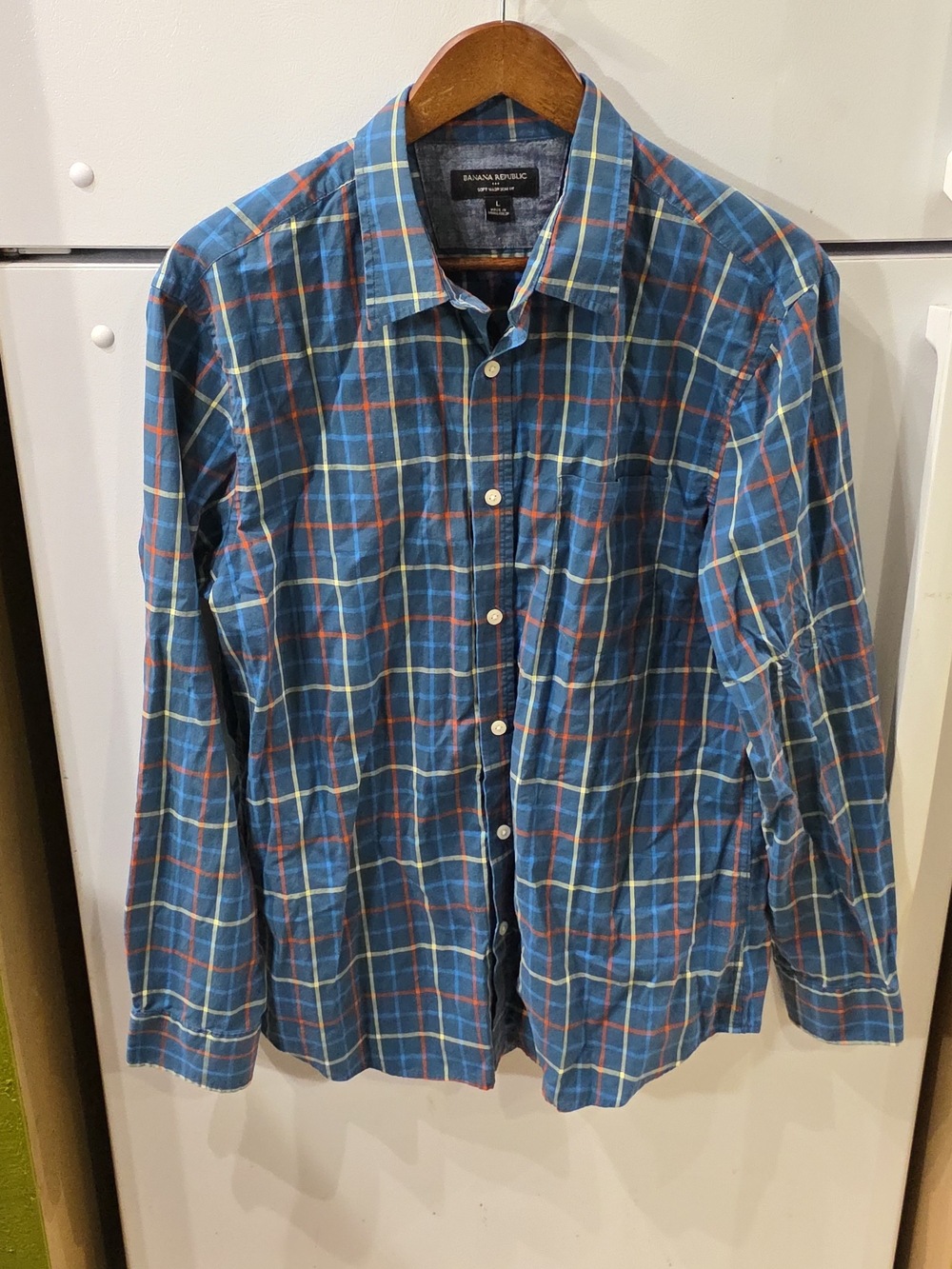 Banana Republic Blue Plaid Button-Up Shirt with Red and Yellow Accents